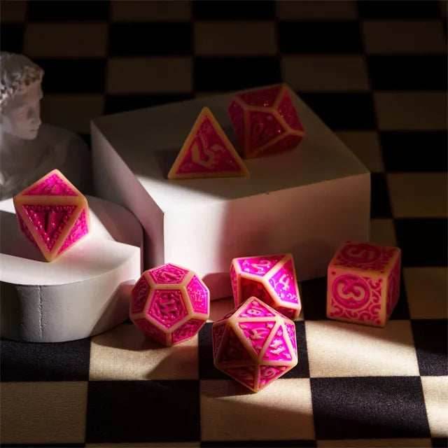 Off-White with Pink Irregular Pattern Fill: 7-Piece Acrylic Dice Set - 