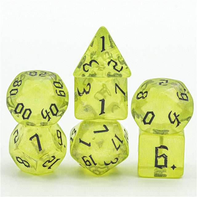 Yellow Glitter Party Glitter Dice (Silver font) 7-Dice Set RPG DND - 