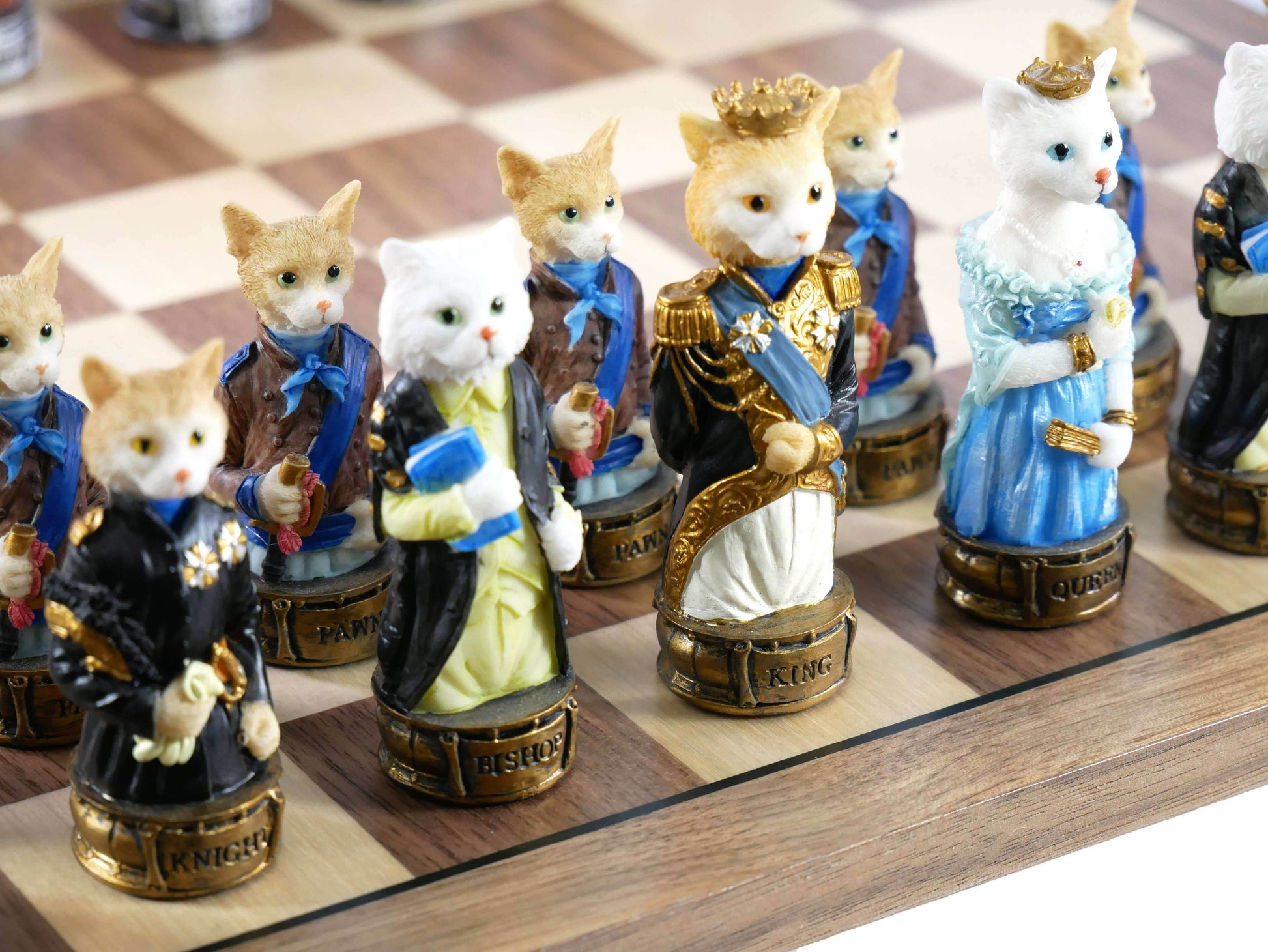 Chess Set - Cats & Dogs Resin Men on Walnut Maple Board - 