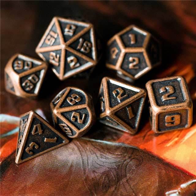 Copper Mini Metal Dice Ancient Effect | (10mm to 15mm) 7-Dice Udixi RPG - 