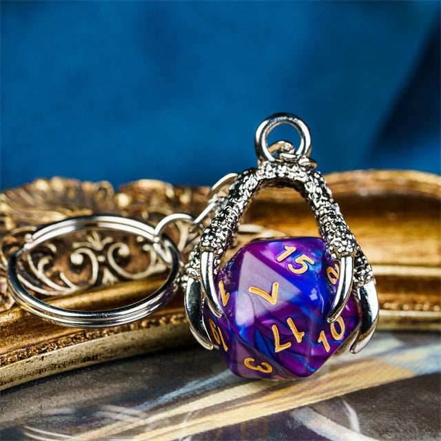 Claw Blended Purple D20 Keychain Featuring Silver Metal Dragon Claw + d20 - 