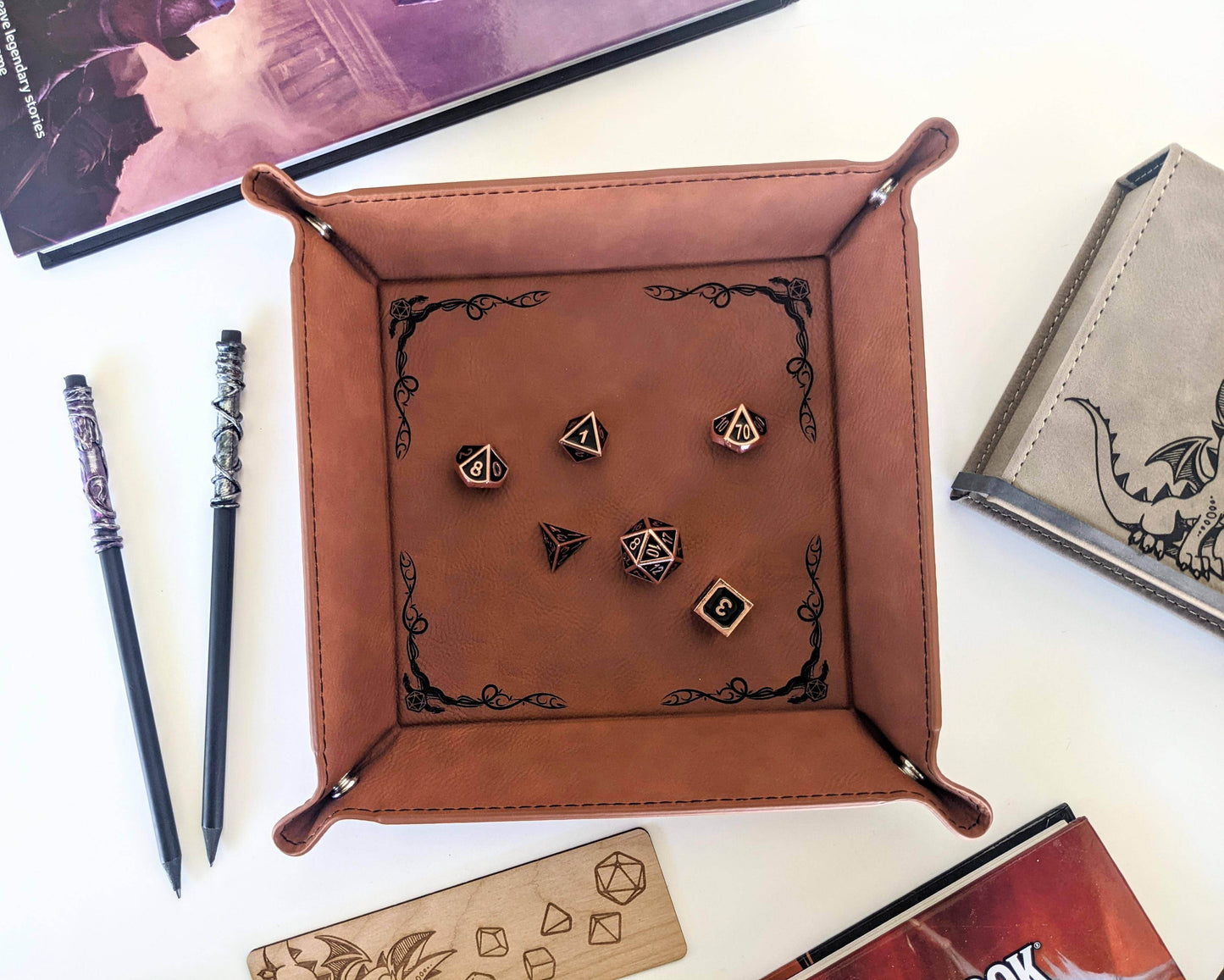 Dragon Border - D&D - Vegan Leather Dice Rolling Tray - Chestnut