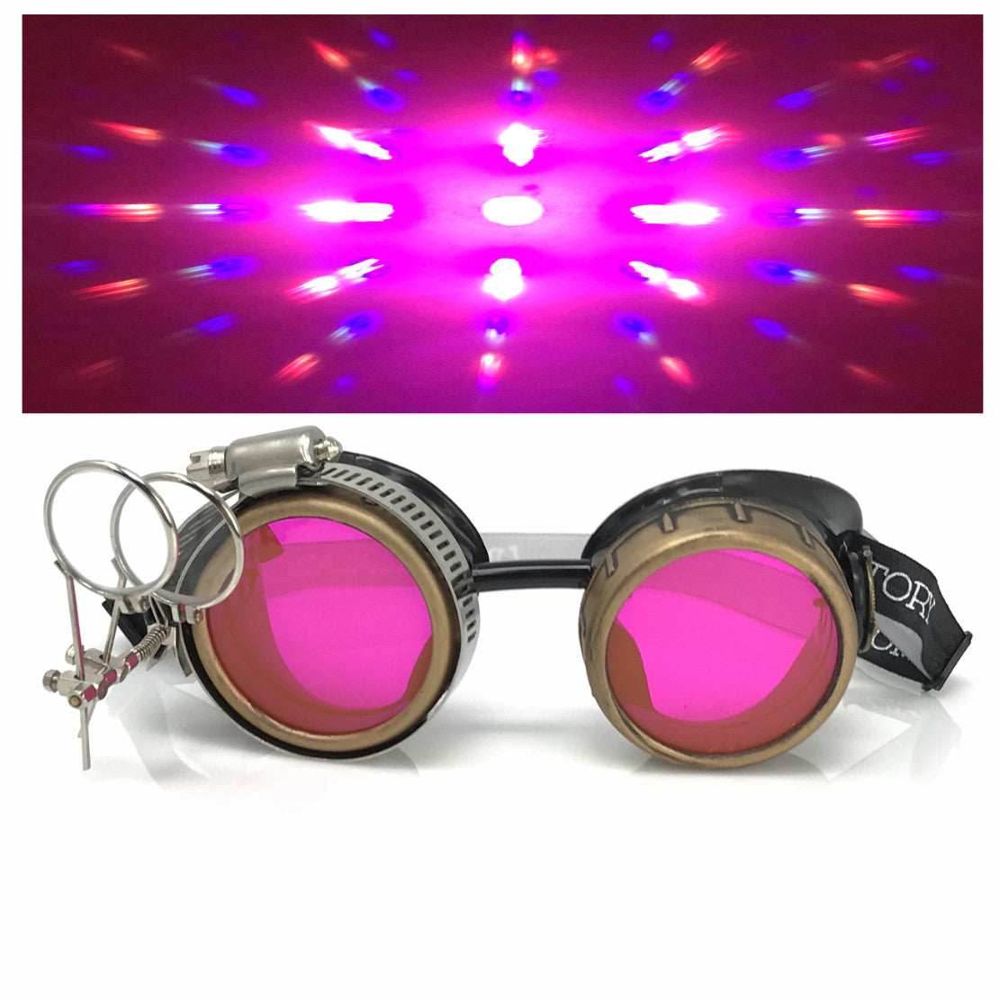 Steampunk Goggles with magnifying loupes UV glow neon pink prism diffraction lenses - 