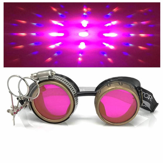 Steampunk Goggles with magnifying loupes UV glow neon pink prism diffraction lenses - 