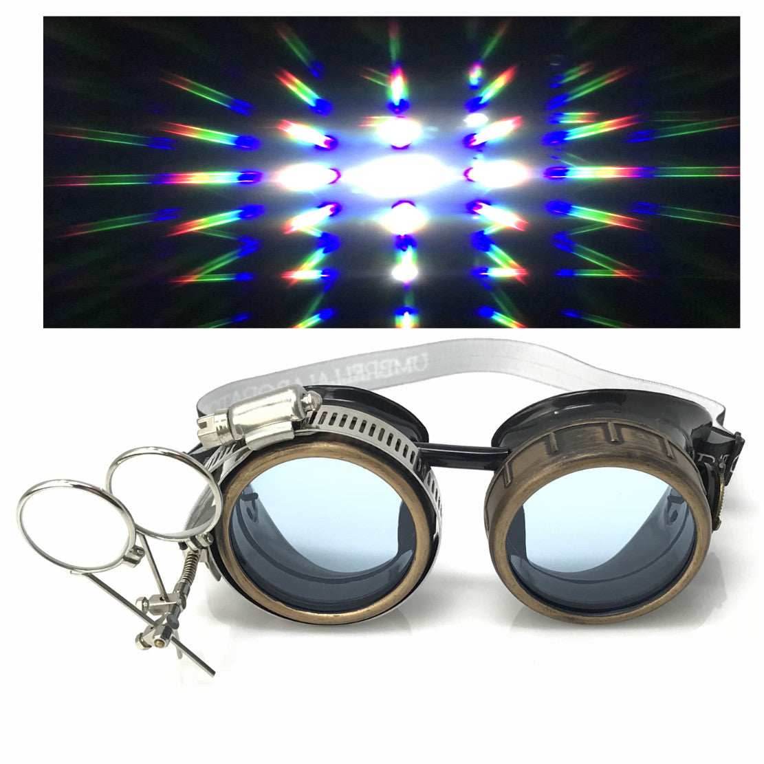 Steampunk Goggles with magnifying loupes UV glow neon blue prism diffraction lenses - 