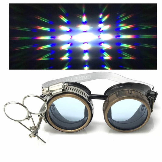 Steampunk Goggles with magnifying loupes UV glow neon blue prism diffraction lenses - 
