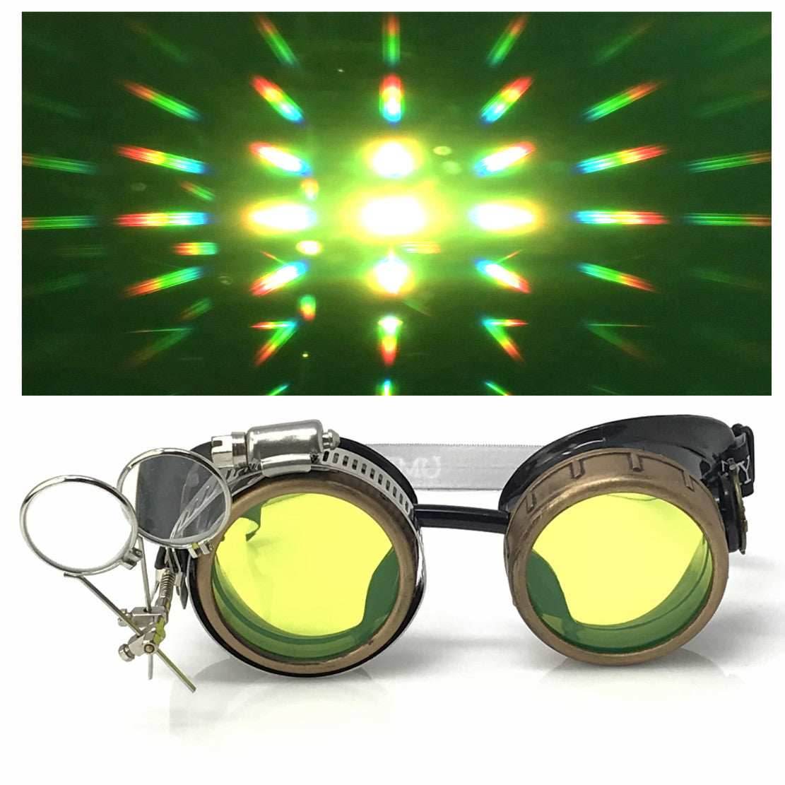 Steampunk Goggles with magnifying loupes UV glow neon green prism diffraction lenses - 