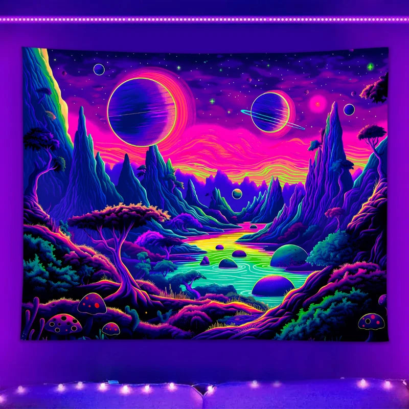 1pc UV reactive tapestry, space planet science fiction mountain range, starry sky natural landscape room decoration tapestry