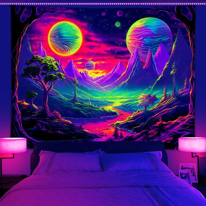 1pc UV reactive tapestry, space planet science fiction mountain range, starry sky natural landscape room decoration tapestry