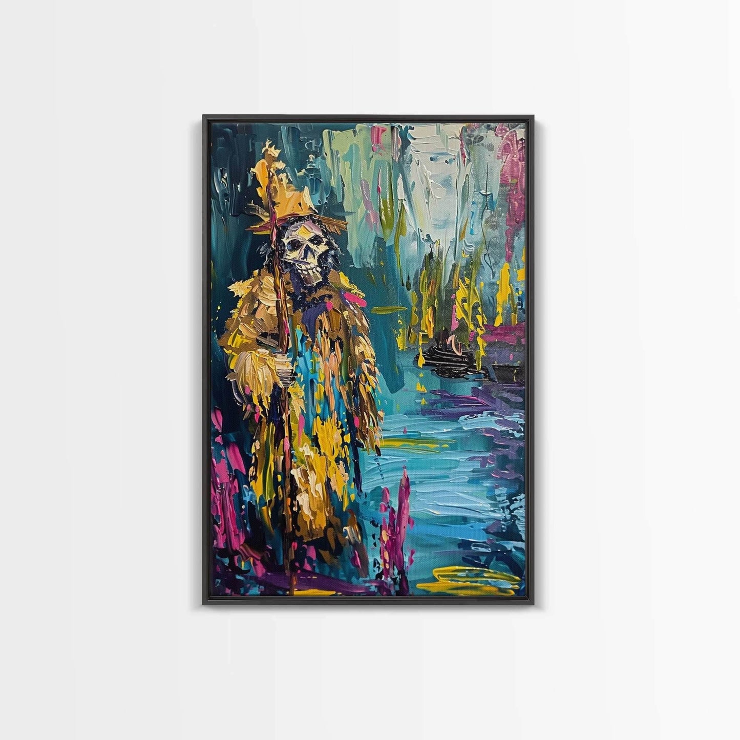 Halloween Skeleton Wizard, Framed Canvas Print, Wall Art, Home Decor, Spooky Artwork, Witchcraft Decor, Fantasy Art, Holiday Decor - 8x12 Inches / Black Frame