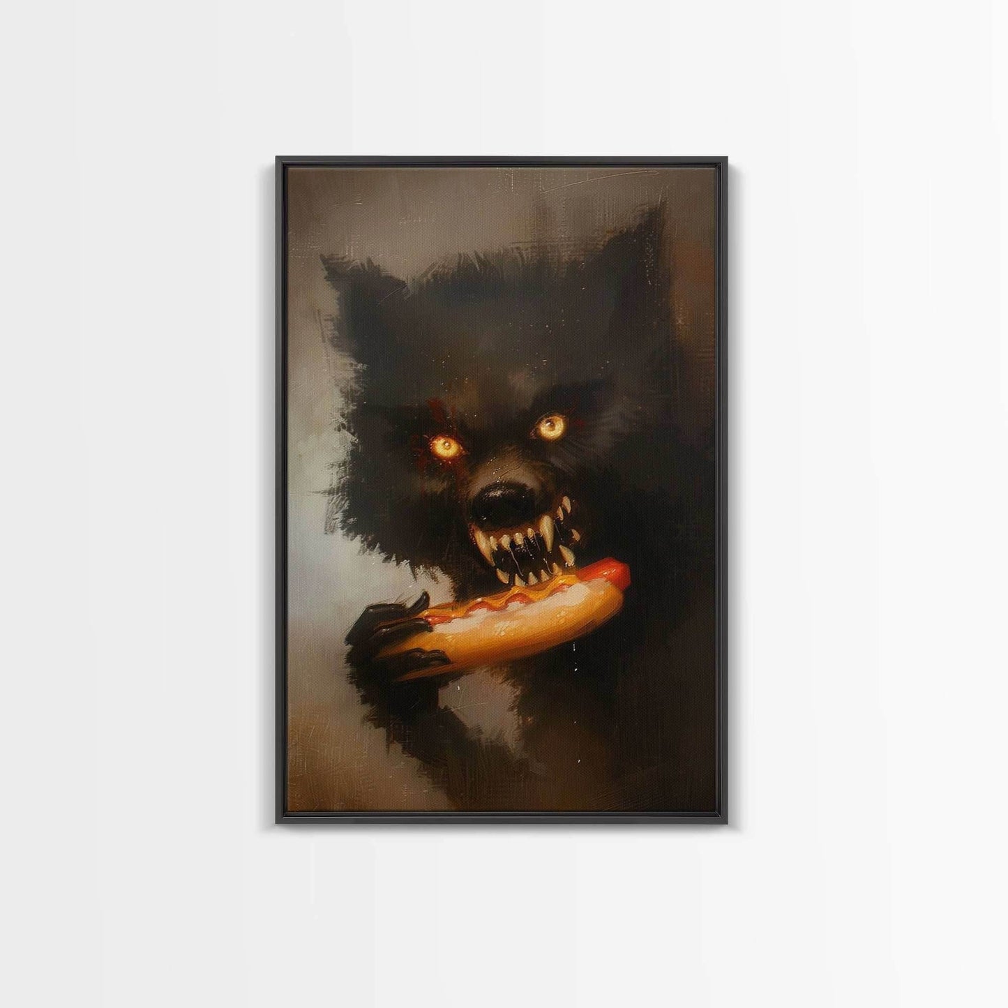 Halloween Werewolf Snarling, Framed Canvas Print, Wall Art, Home Decor, Spooky Art Monster Decor, Halloween Decor, Fantasy Art, Holiday Gift - 8x12 Inches / Black Frame