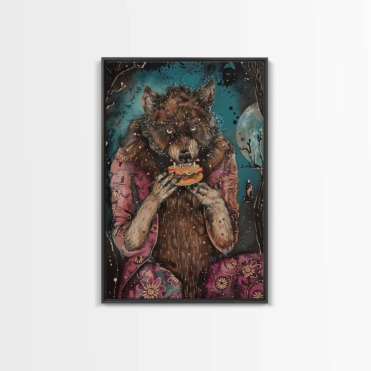 Halloween Werewolf Enjoying Hotdog, Framed Canvas Print, Wall Art, Home Decor, Spooky Artwork, Fantasy Decor, Halloween Decor, Holiday Gift - 8x12 Inches / Black Frame