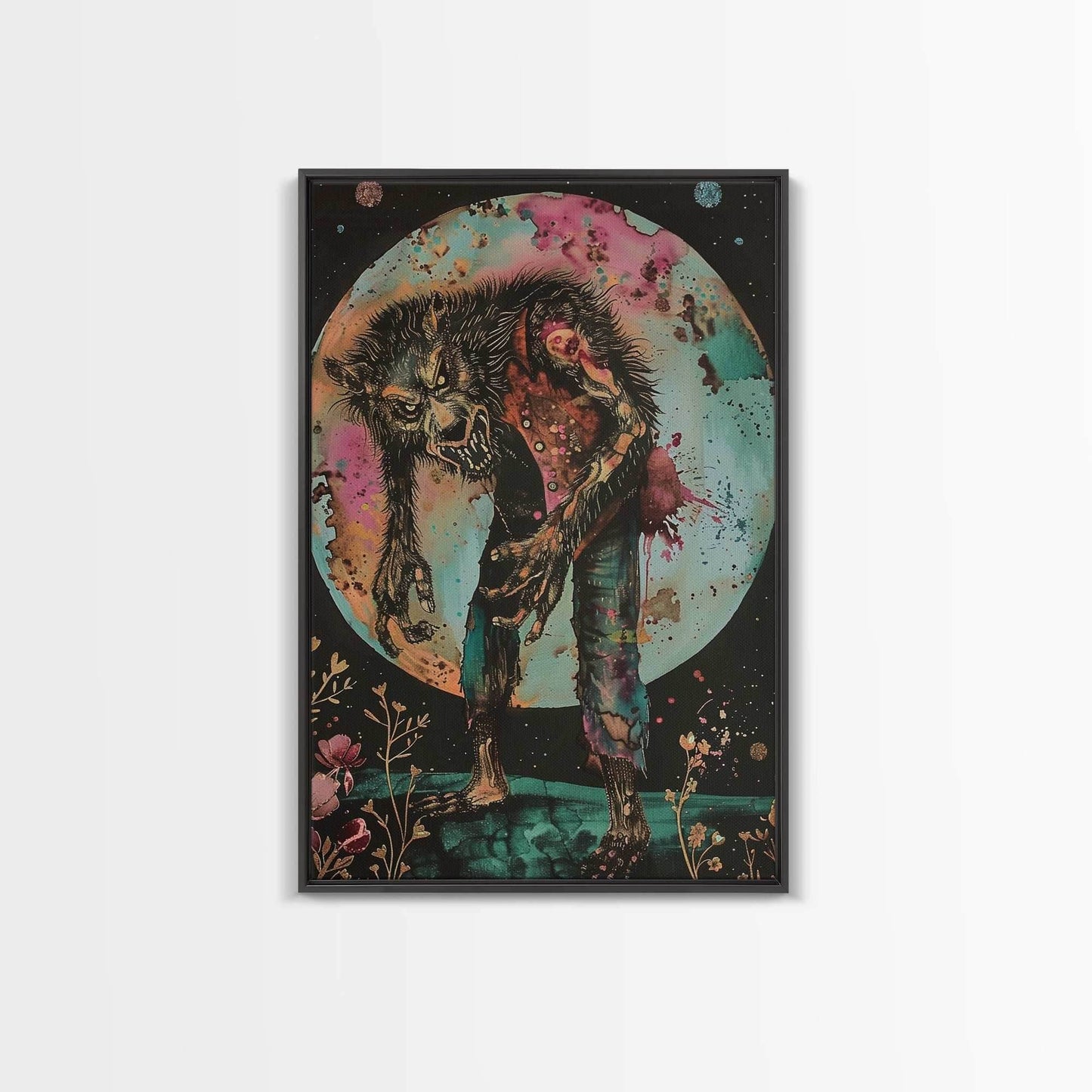 Halloween Werewolf Transformation, Framed Canvas Print, Wall Art, Home Decor, Spooky Artwork, Monster Decor, Halloween Decor, Fantasy Art - 8x12 Inches / Black Frame