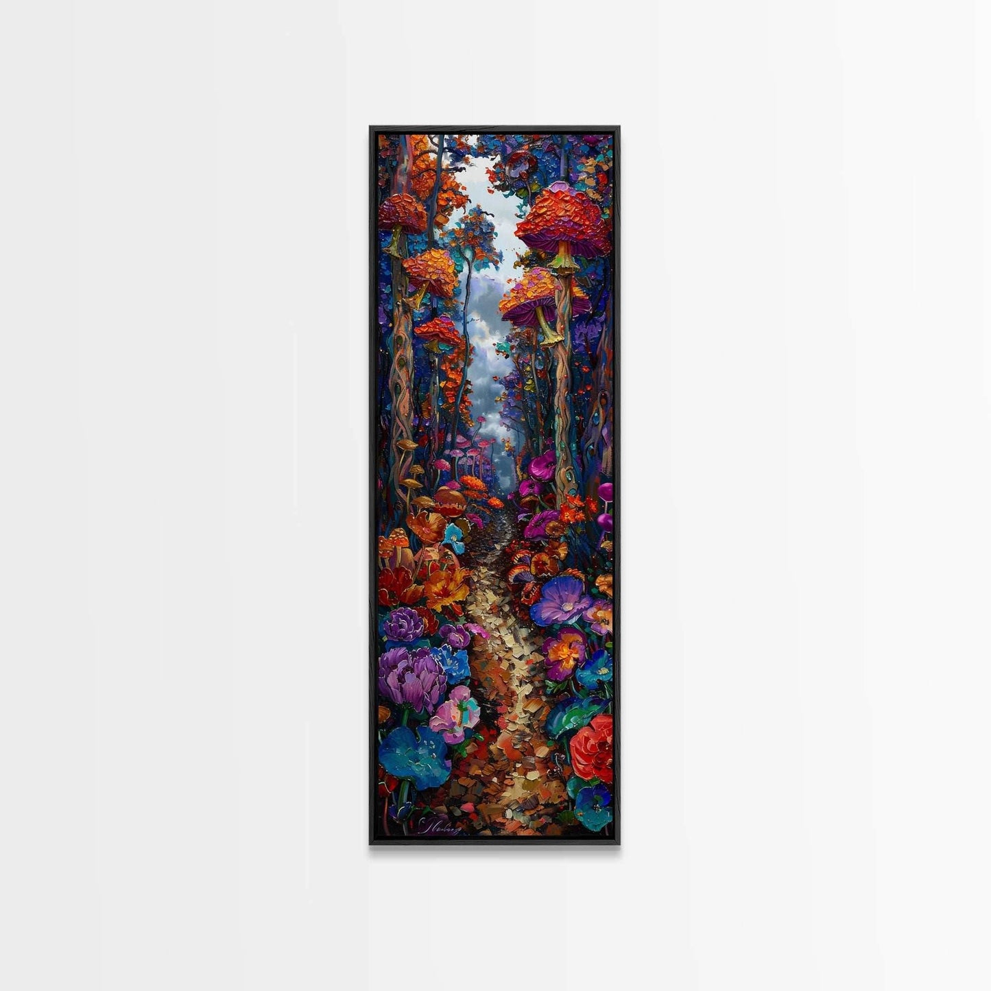 Fantasy Forest Pathway with Giant Mushrooms as Tall Skinny Art Framed Canvas Print for Whimsical Wall Decor in Unique Spaces - 10x30 Inches / Black Frame