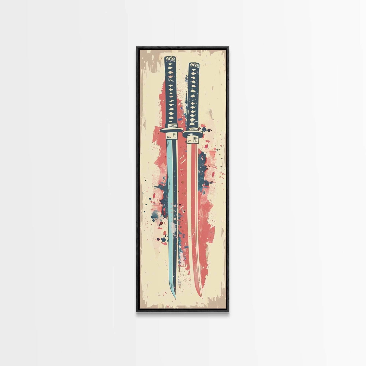 Abstract Samurai Swords Framed Canvas Print Ukiyo-e Art Japanese Style Tall Art Skinny Art Wood Block Print - 10x30 Inches / Black Frame