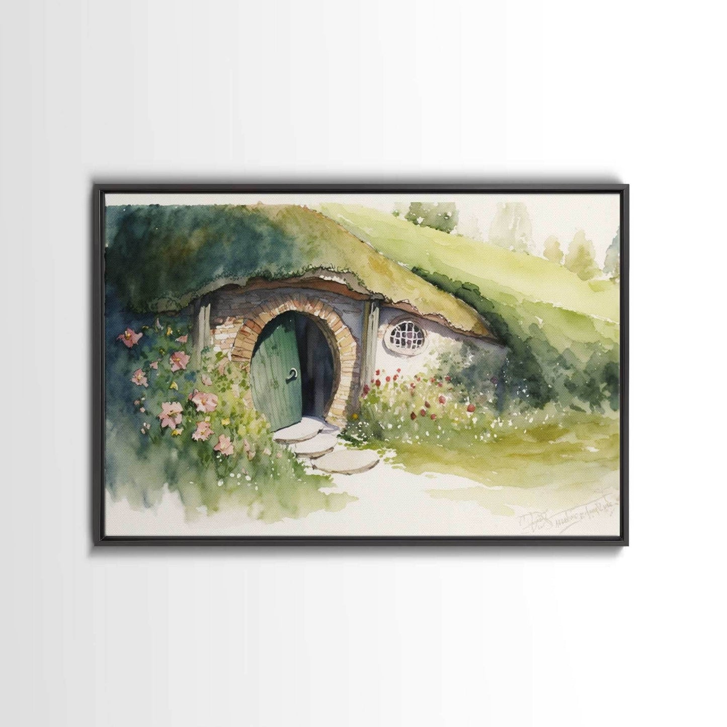 The Shire Oil Painting Print, Framed Wall Art, Hobbitcore Decor, Hobbit Hole Landscape Painting Print, Rings, Fantasy Painting - 8x12 Inches / Black Frame