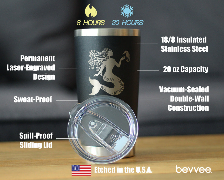 Mermaid - Insulated Coffee Tumbler Cup with Sliding Lid - Stainless Steel Travel Mug - Cute Mermaid Gifts for Women
