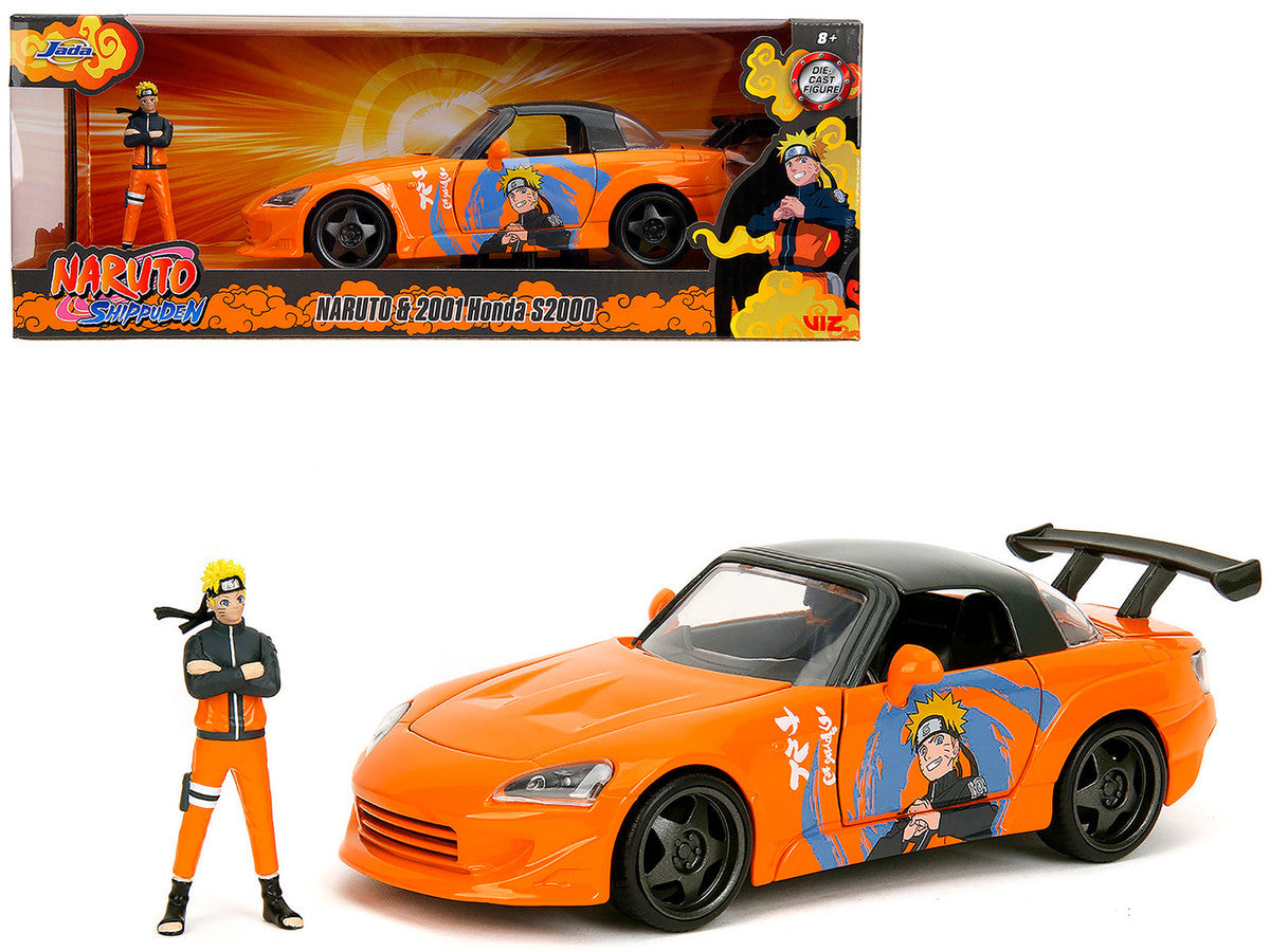 2001 Honda S2000 Orange with Gray Top and Graphics and Naruto Diecast Figure "Naruto Shippuden" (2009-2017) TV Series "Anime Hollywood Rides" Series 1/24 Diecast Model Car by Jada