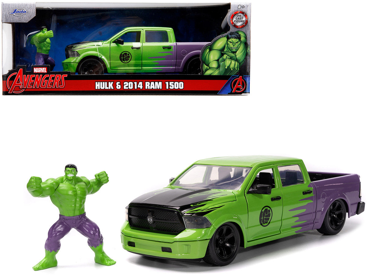 2014 RAM 1500 Pickup Truck Green and Purple and Hulk Diecast Figure "Marvel Avengers" "Hollywood Rides" Series 1/24 Diecast Model Car by Jada