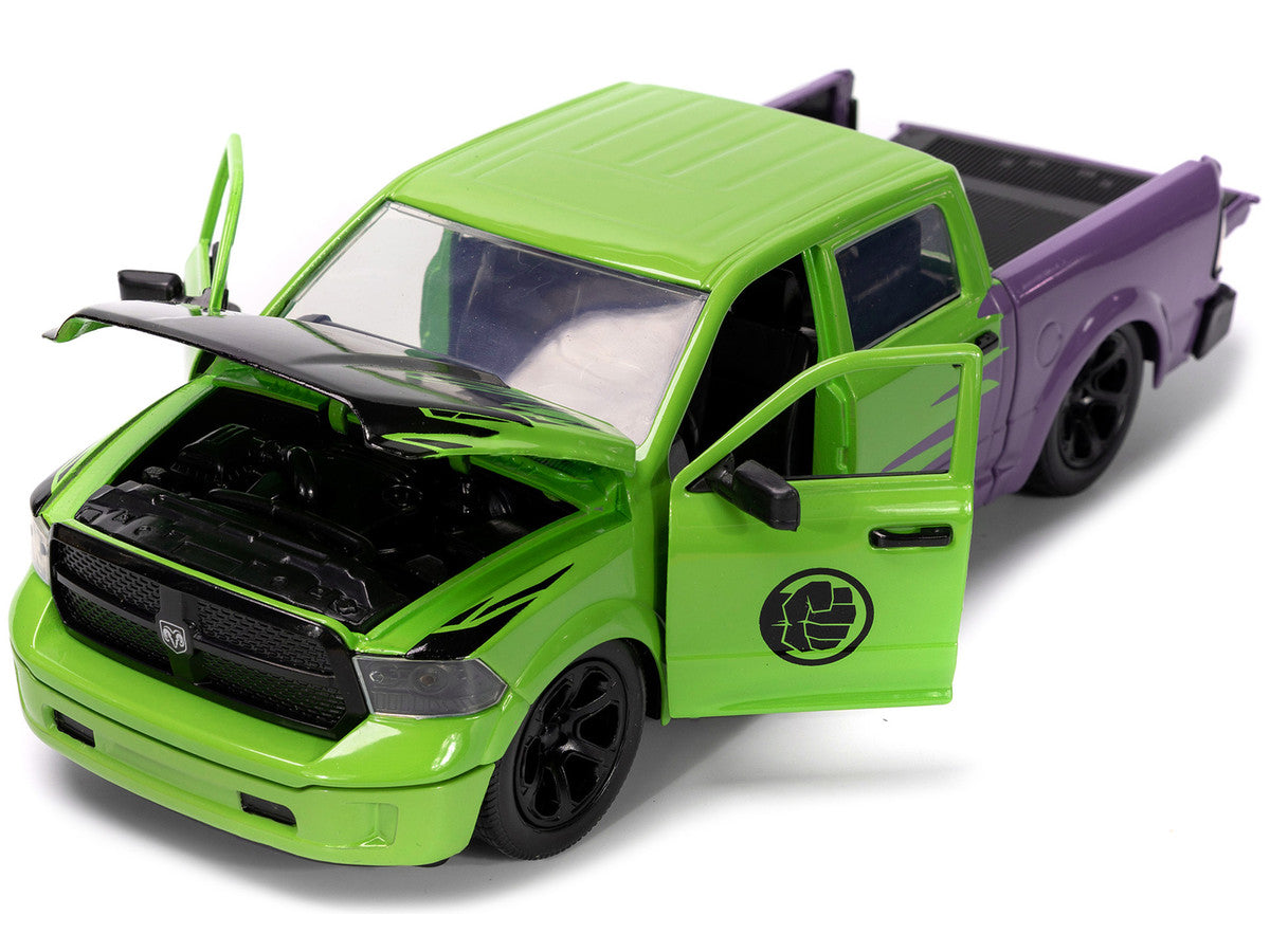 2014 RAM 1500 Pickup Truck Green and Purple and Hulk Diecast Figure "Marvel Avengers" "Hollywood Rides" Series 1/24 Diecast Model Car by Jada