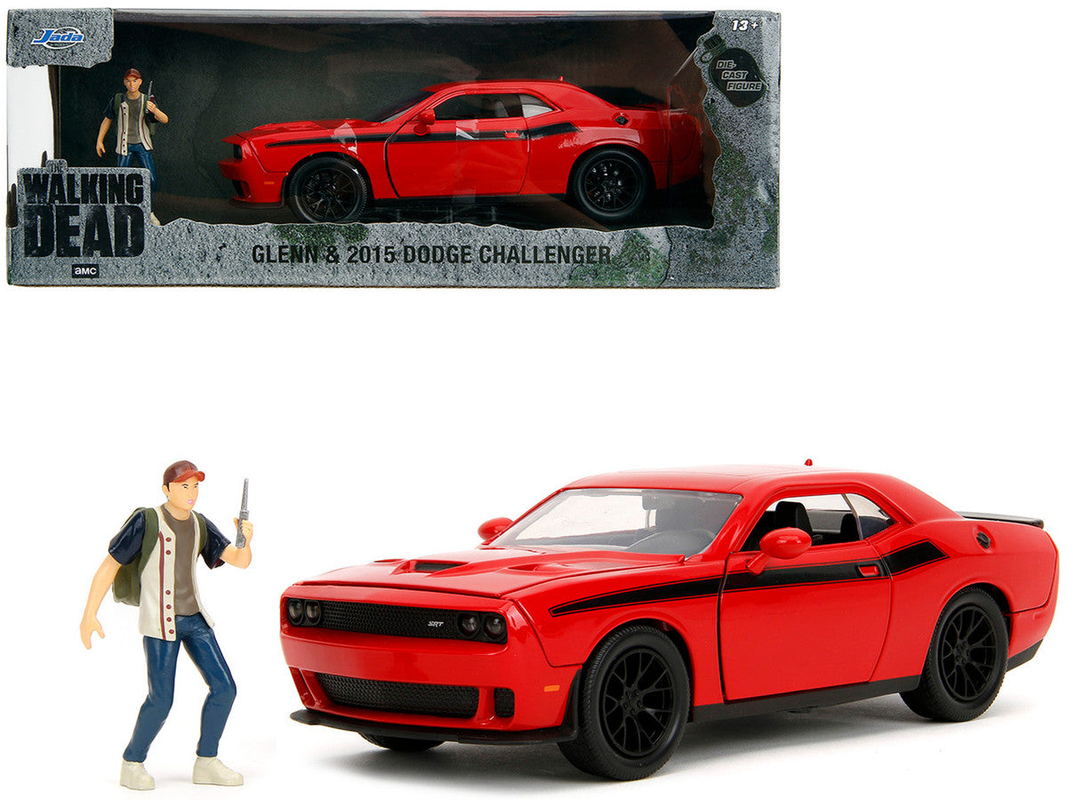 2015 Dodge Challenger Red with Black Stripes and Glenn Diecast Figure "The Walking Dead" (2010-2022) TV Series "Hollywood Rides" Series 1/24 Diecast Model Car by Jada