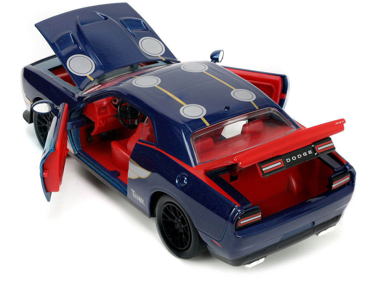 2015 Dodge Challenger SRT Hellcat Dark Blue with Graphics and Red Interior and Thor Diecast Figure "The Mighty Thor" "Marvel" Series 1/24 Diecast Model Car by Jada