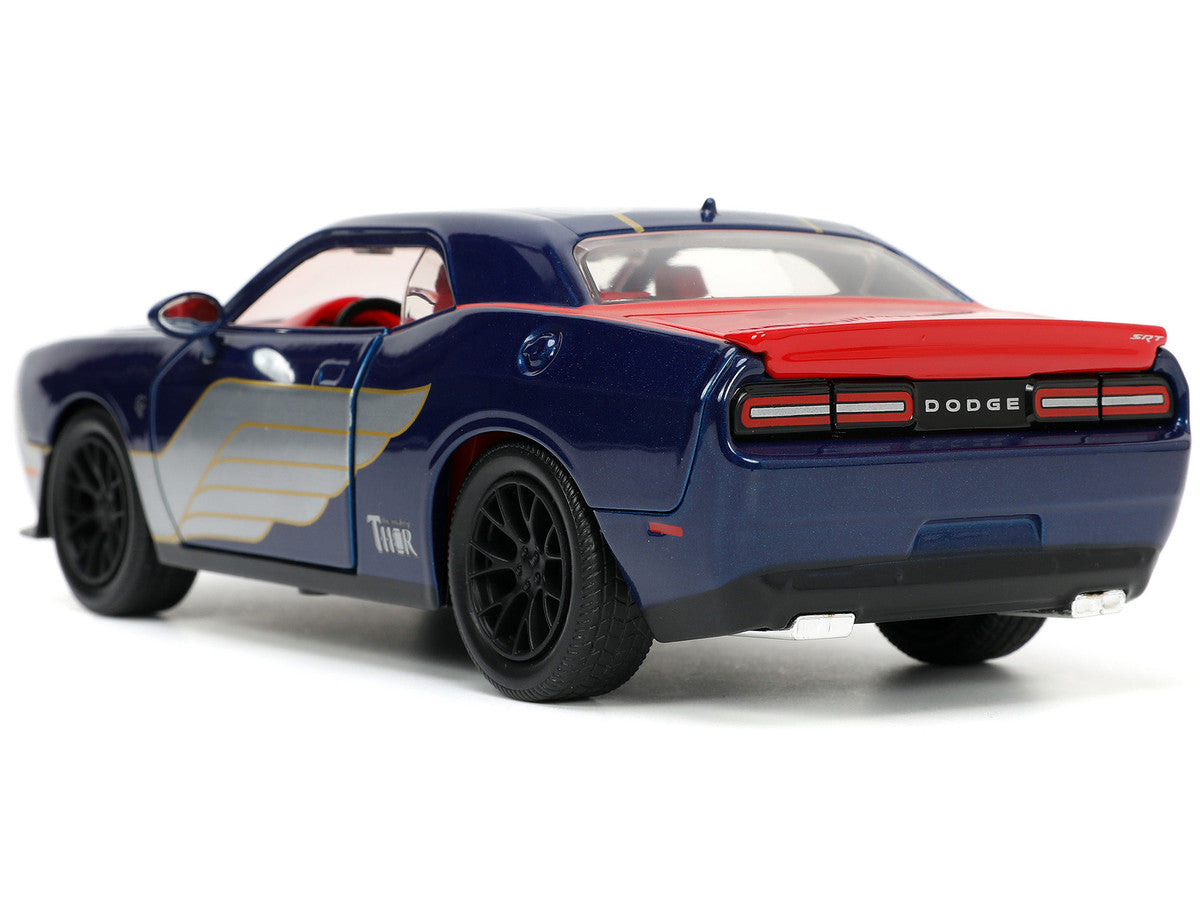 2015 Dodge Challenger SRT Hellcat Dark Blue with Graphics and Red Interior and Thor Diecast Figure "The Mighty Thor" "Marvel" Series 1/24 Diecast Model Car by Jada