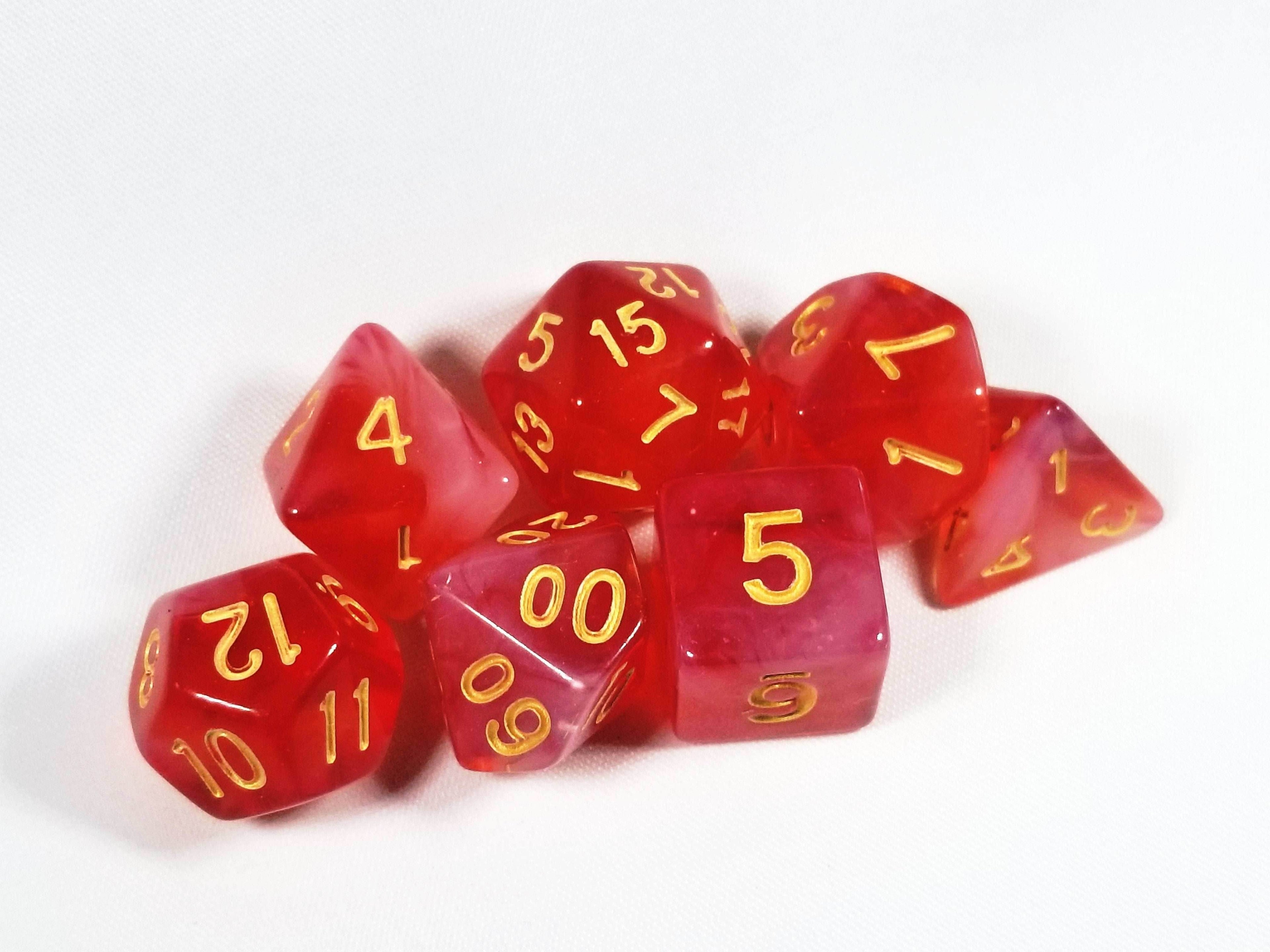 Milky 7-Dice Set Translucent w/Swirls and Gold Numbers by HDdice Red, Yellow, Green, Blue, and Purple - Red
