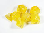 Milky 7-Dice Set Translucent w/Swirls and Gold Numbers by HDdice Red, Yellow, Green, Blue, and Purple - Yellow