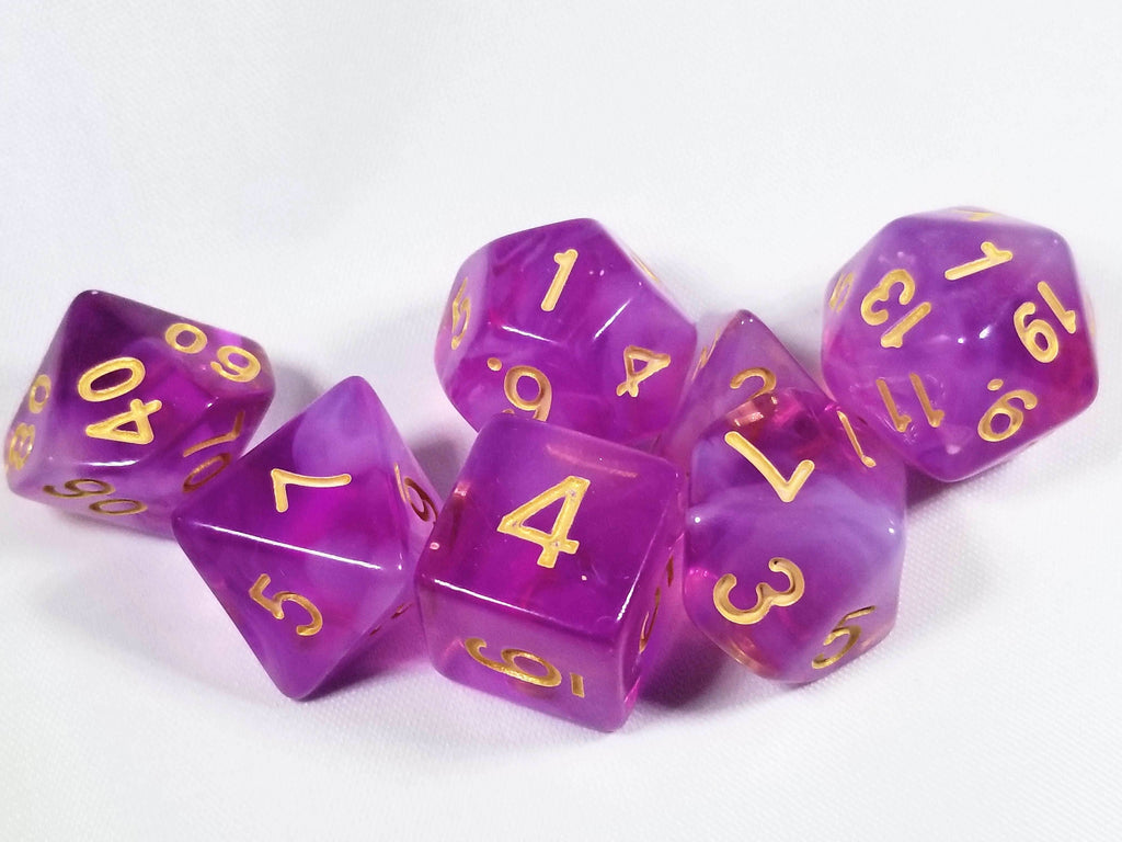 Milky 7-Dice Set Translucent w/Swirls and Gold Numbers by HDdice Red, Yellow, Green, Blue, and Purple - Purple