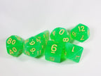 Milky 7-Dice Set Translucent w/Swirls and Gold Numbers by HDdice Red, Yellow, Green, Blue, and Purple - Green