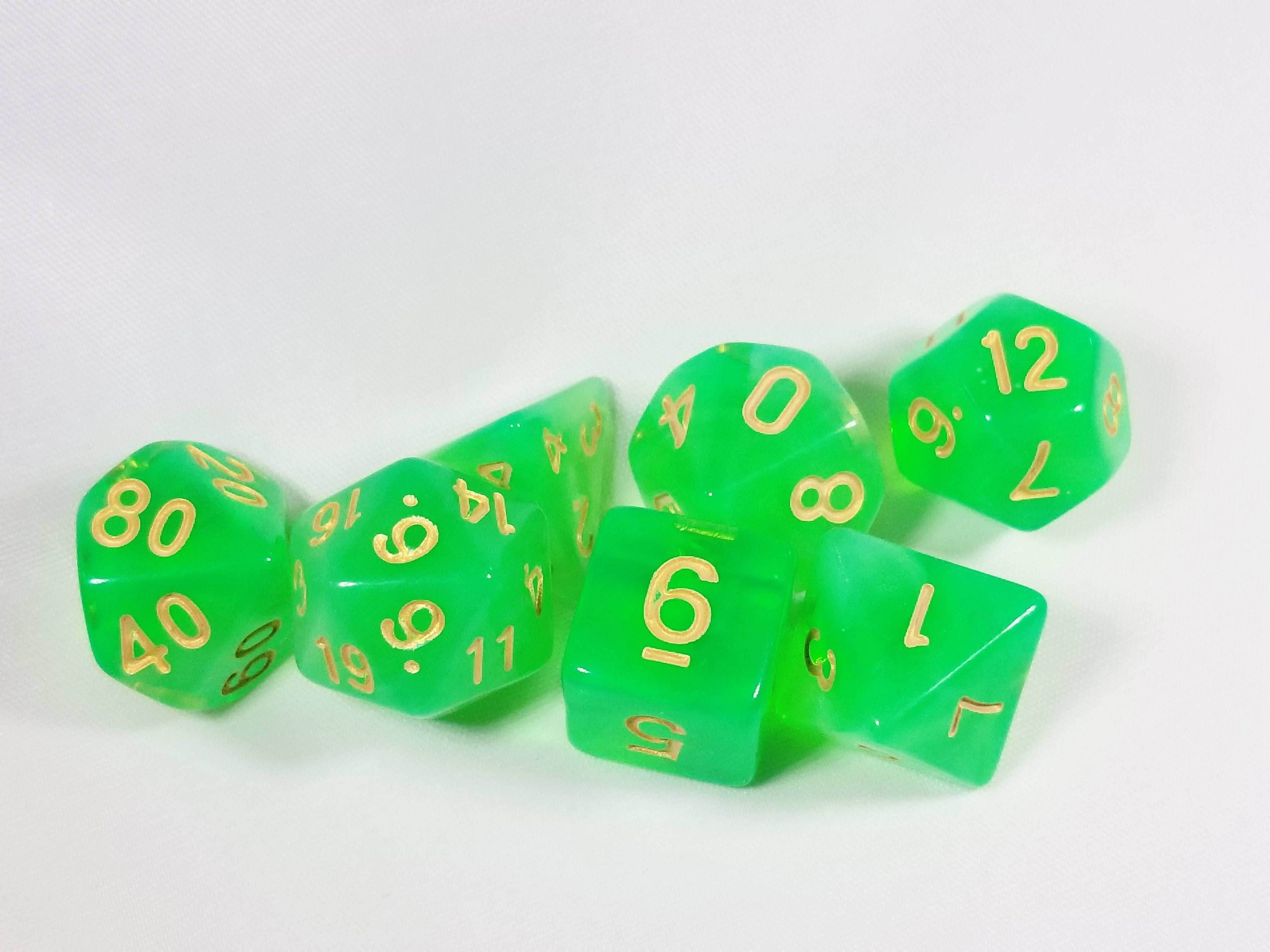 Milky 7-Dice Set Translucent w/Swirls and Gold Numbers by HDdice Red, Yellow, Green, Blue, and Purple - Green