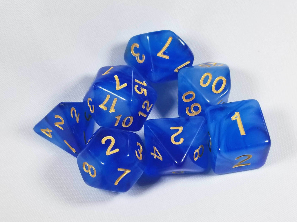 Milky 7-Dice Set Translucent w/Swirls and Gold Numbers by HDdice Red, Yellow, Green, Blue, and Purple - Blue