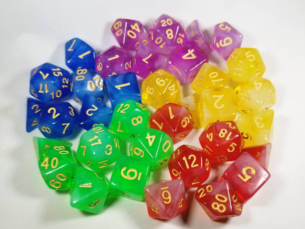 Milky 7-Dice Set Translucent w/Swirls and Gold Numbers by HDdice Red, Yellow, Green, Blue, and Purple - Red