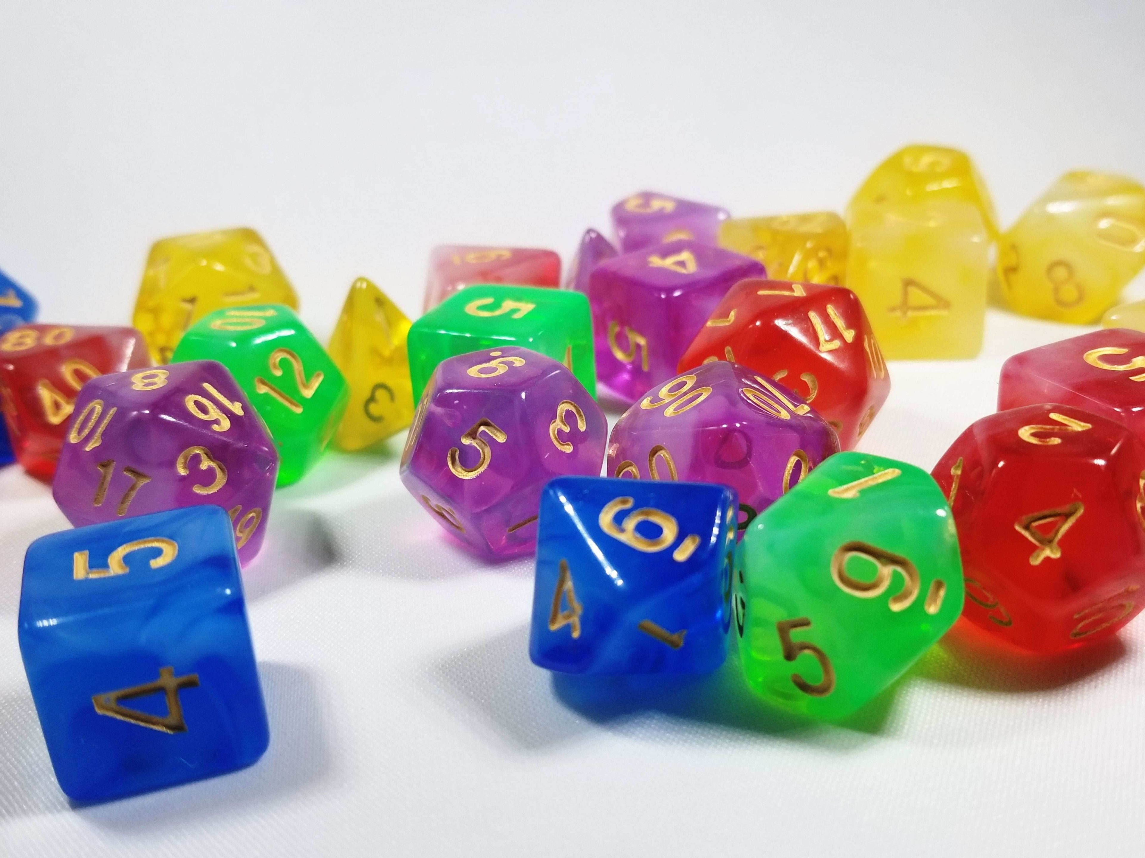 Milky 7-Dice Set Translucent w/Swirls and Gold Numbers by HDdice Red, Yellow, Green, Blue, and Purple - Red