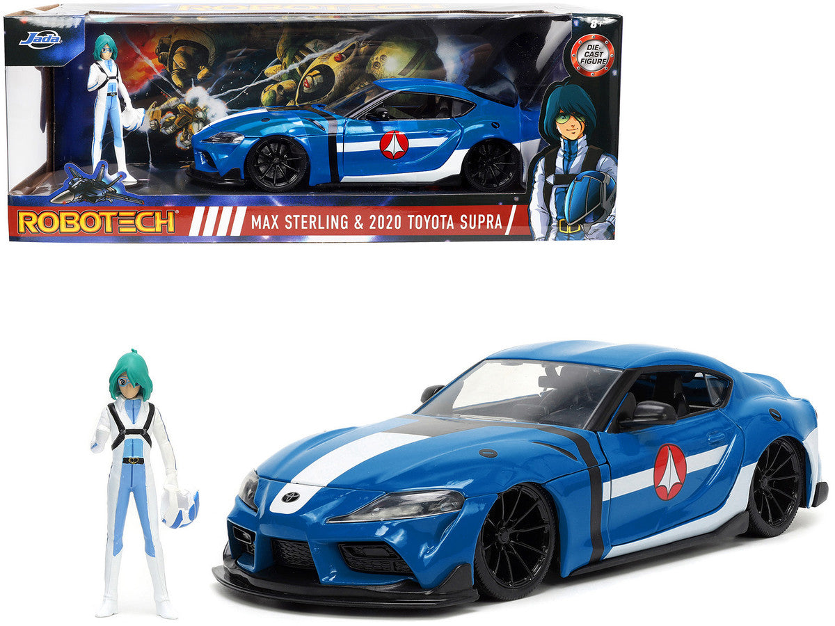 2020 Toyota Supra Blue with Graphics and Max Sterling Diecast Figurine "Robotech" "Hollywood Rides" Series 1/24 Diecast Model Car by Jada