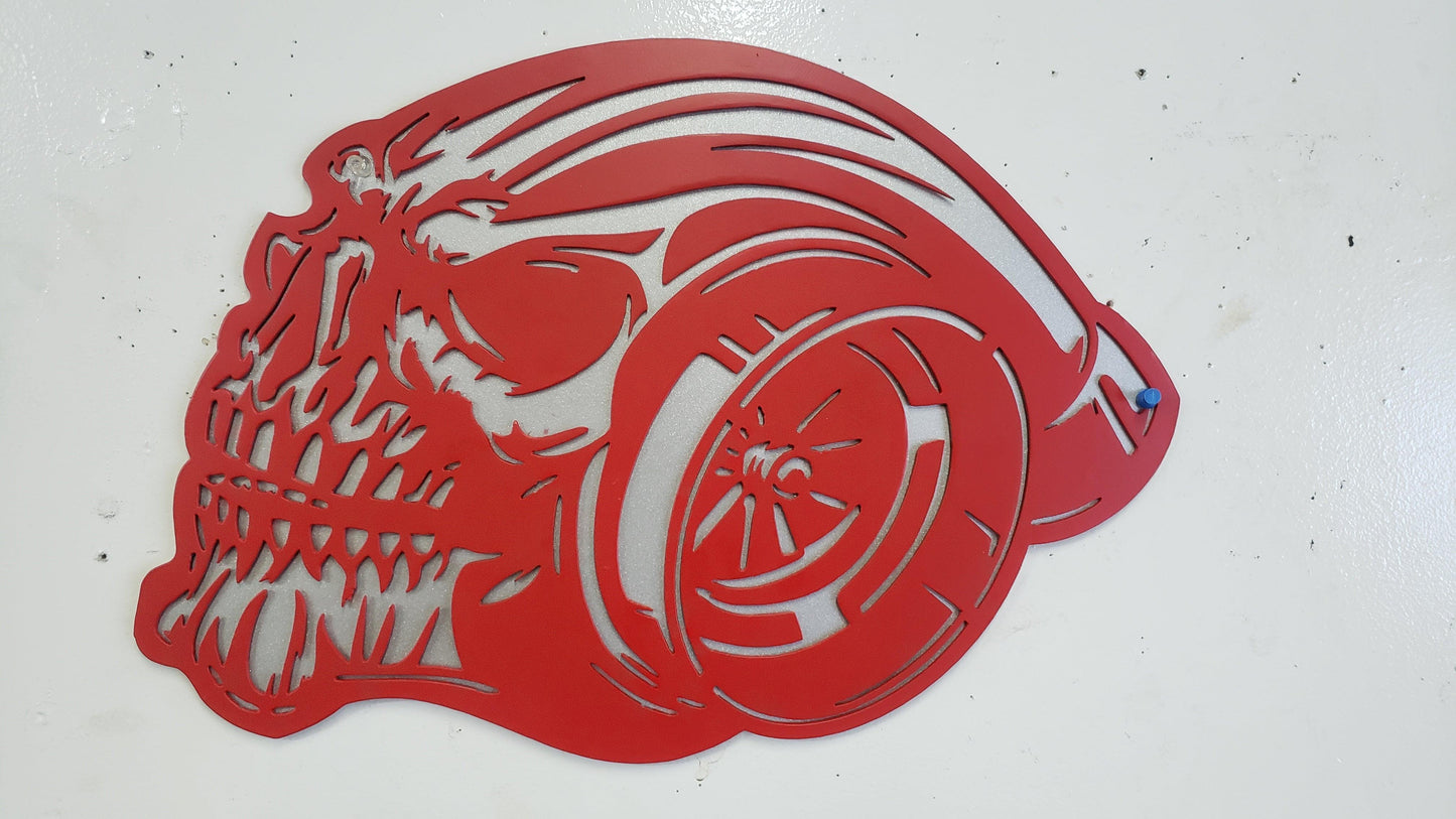 Turbo Skull Metal Wall Art – 16"x16" Automotive Turbocharger Skull Decor – Garage, Shop, Mancave Gift