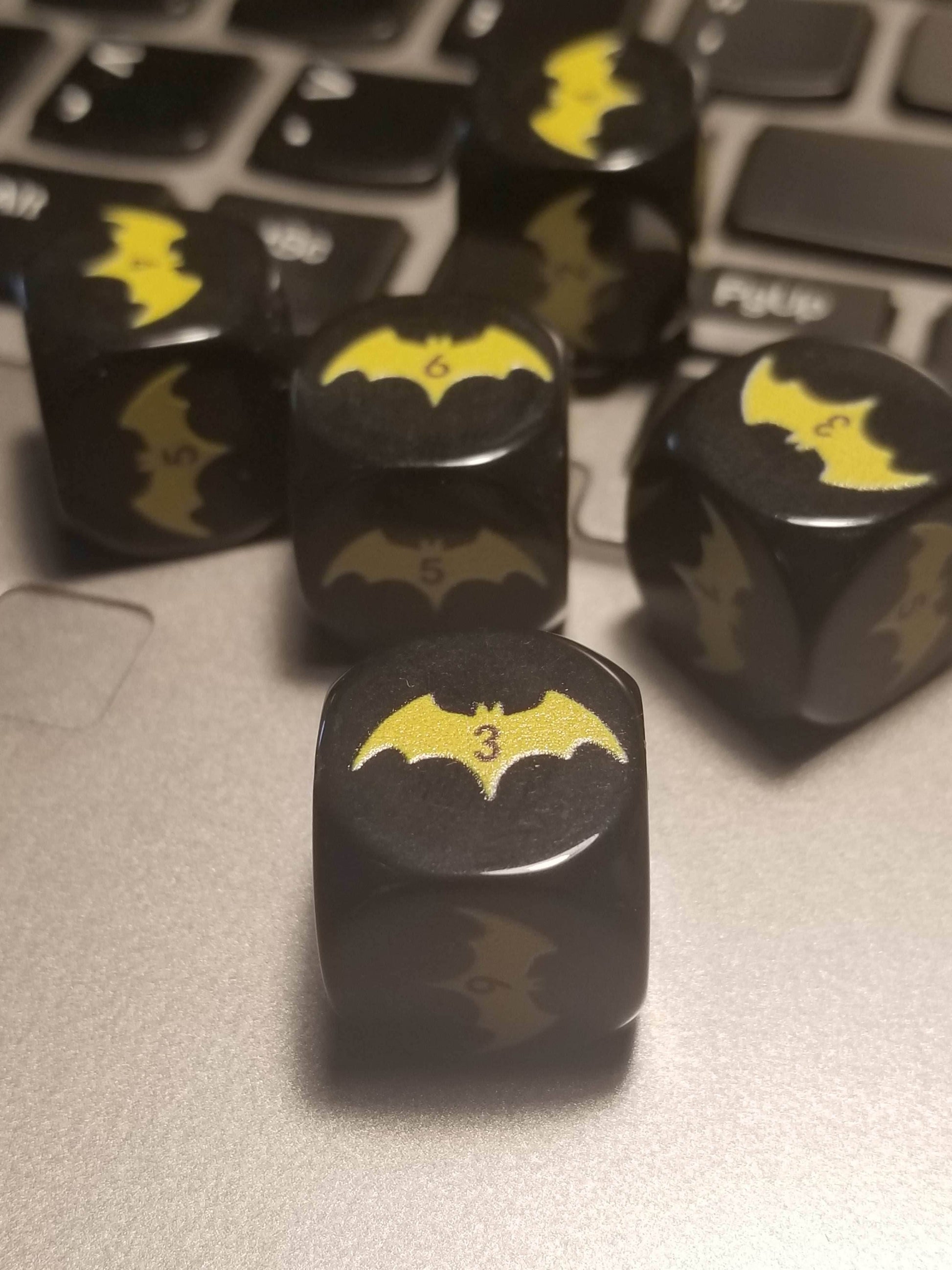 Yellow Bat Black Dice 6 Sided 16mm (Custom Printed) - 