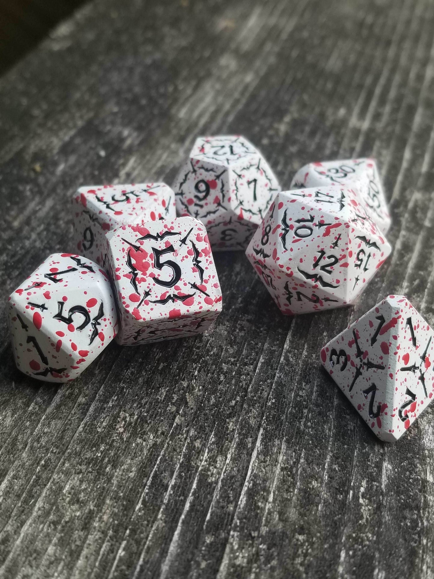 Battle Hardened Dice: White metal dice w/Black numbering and Red Splatter 7- Dice Set Rpg - 