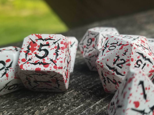 Battle Hardened Dice: White metal dice w/Black numbering and Red Splatter 7- Dice Set Rpg - 