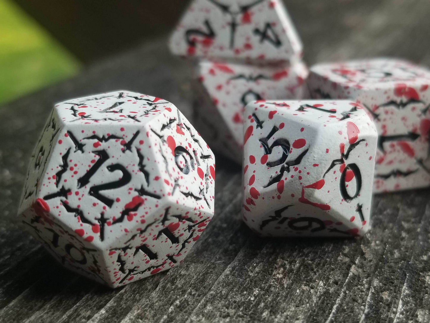 Battle Hardened Dice: White metal dice w/Black numbering and Red Splatter 7- Dice Set Rpg - 
