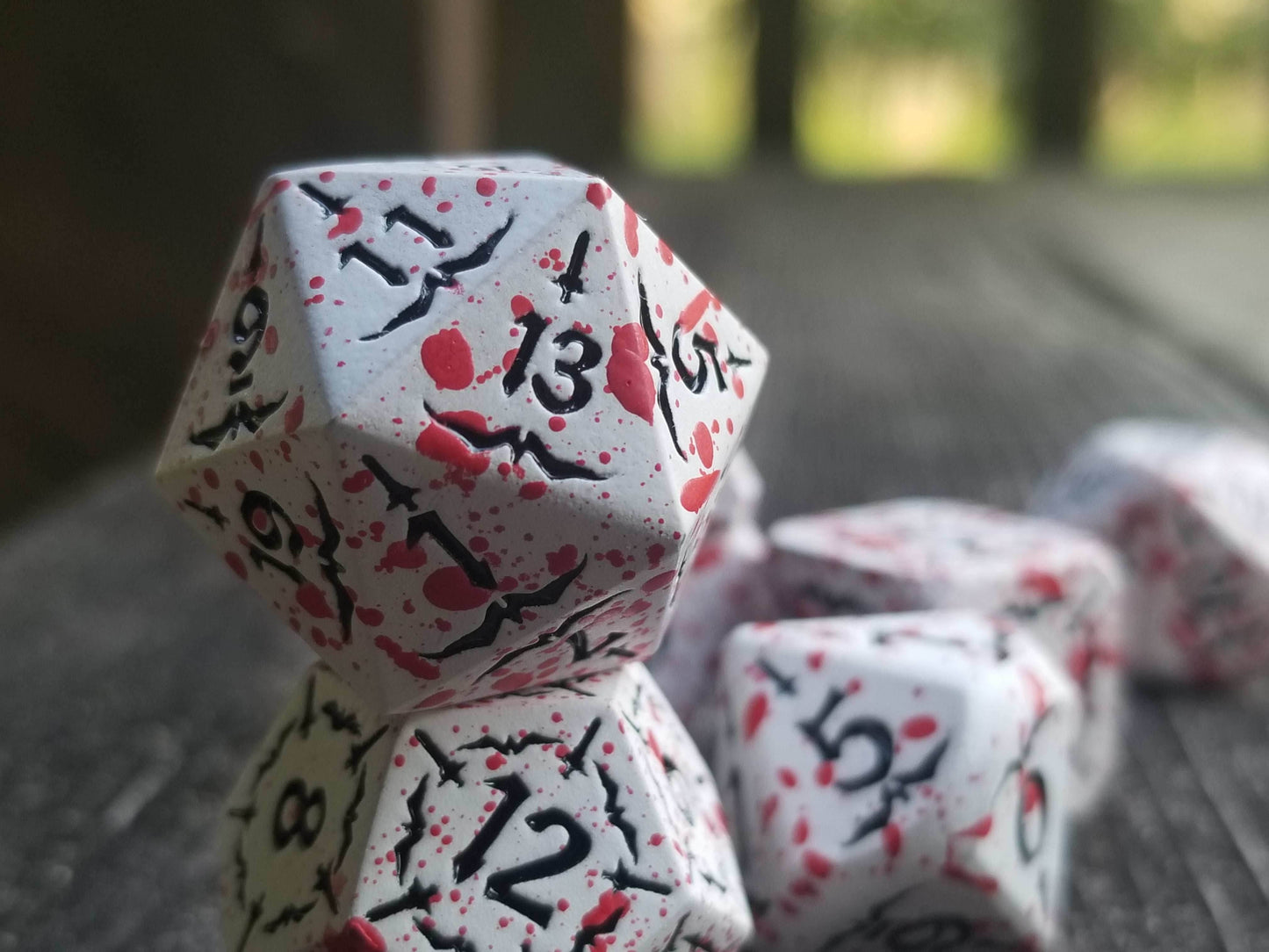 Battle Hardened Dice: White metal dice w/Black numbering and Red Splatter 7- Dice Set Rpg - 