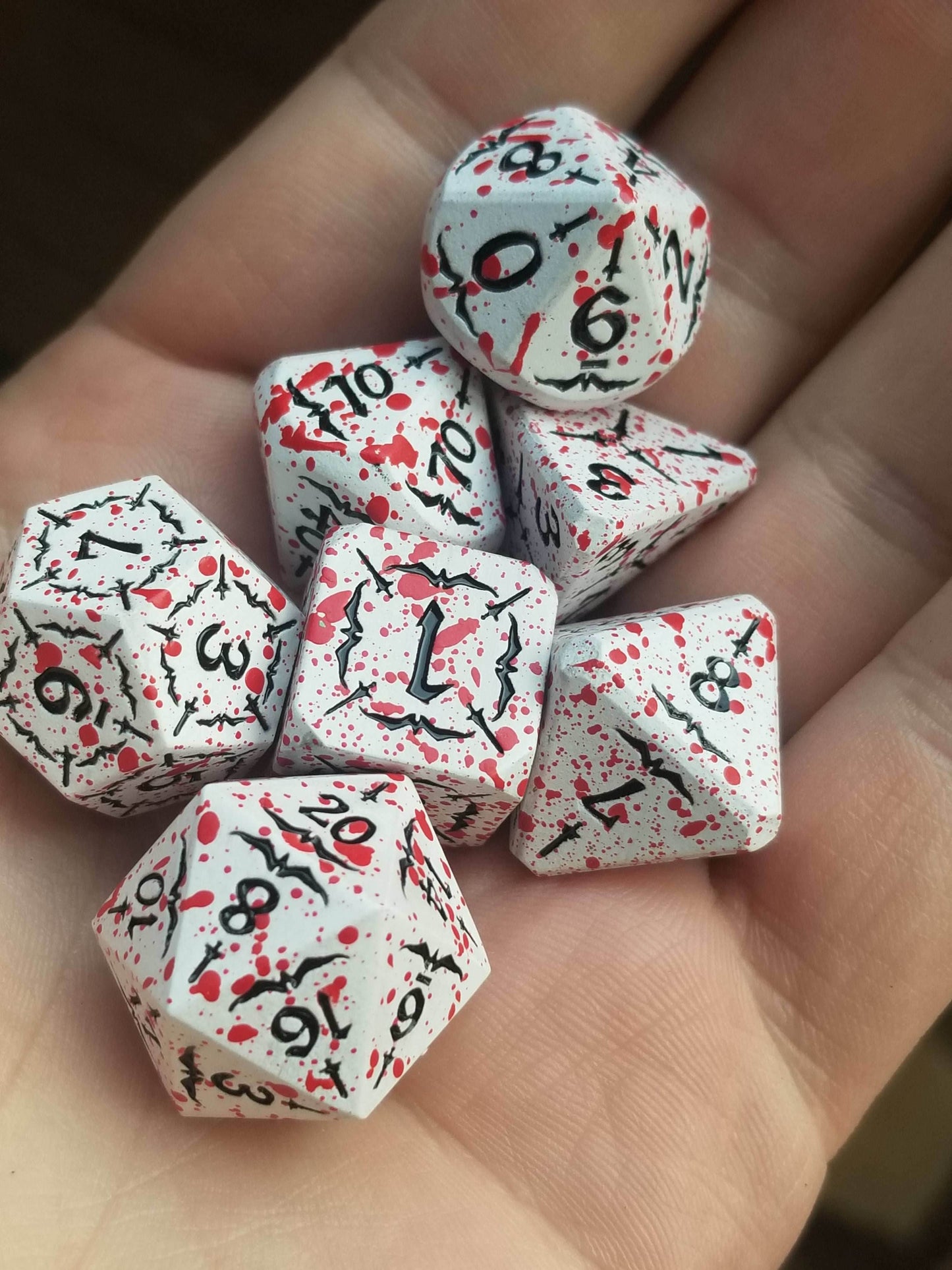 Battle Hardened Dice: White metal dice w/Black numbering and Red Splatter 7- Dice Set Rpg - 