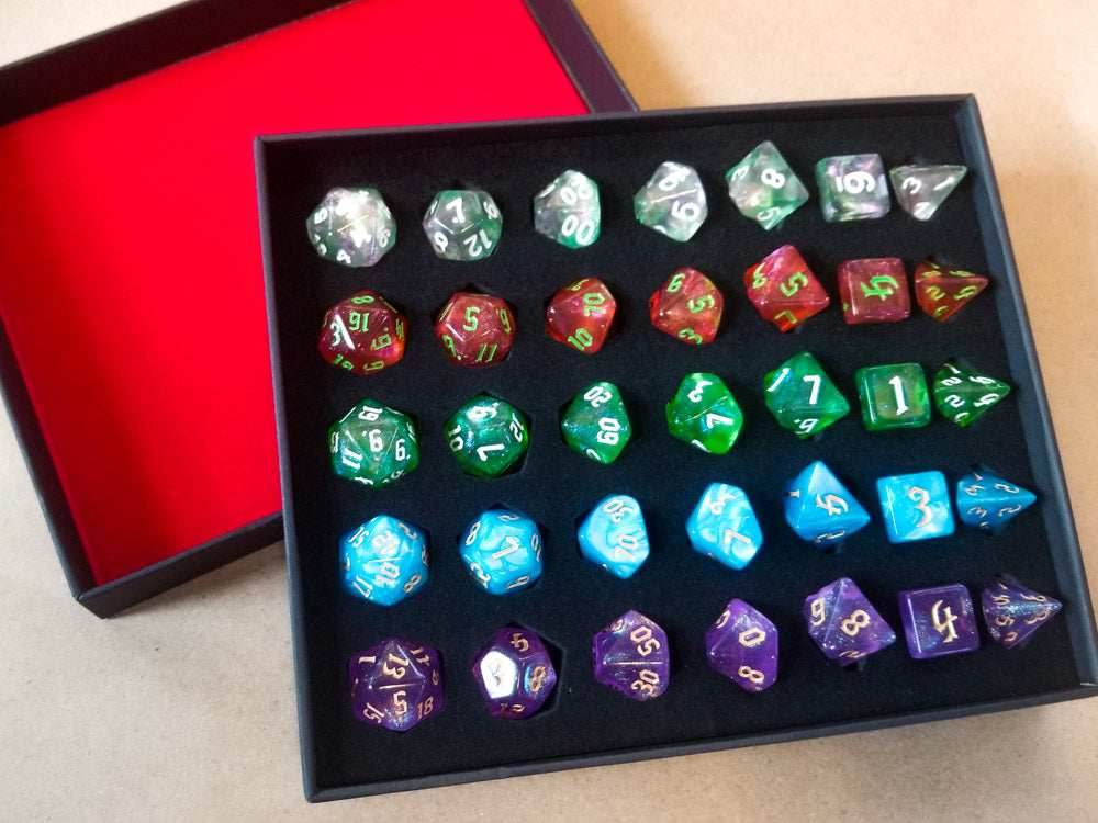 (Acrylic) 7-Dice Sets Gift Box | 5 Sets, Different Colors, Dungeons & Dragons Dice - 