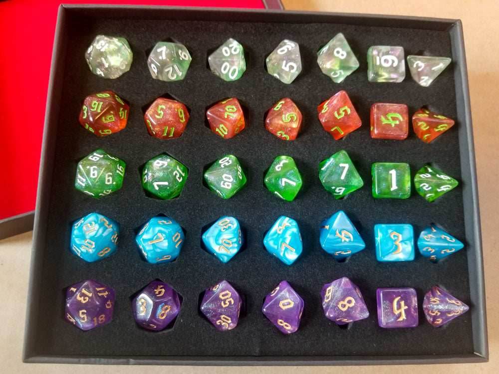 (Acrylic) 7-Dice Sets Gift Box | 5 Sets, Different Colors, Dungeons & Dragons Dice - 