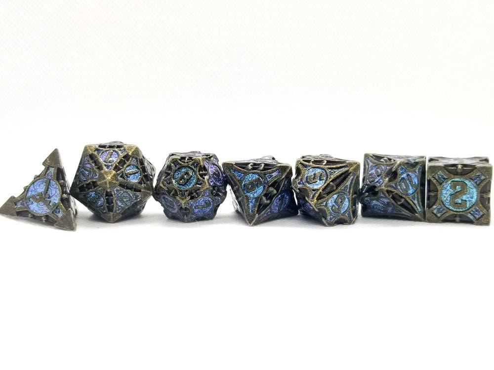 Dark Silver w/purple-blue Glitter Barbed Strengthened Metal 7-Dice Set | Metal DND Dice - 