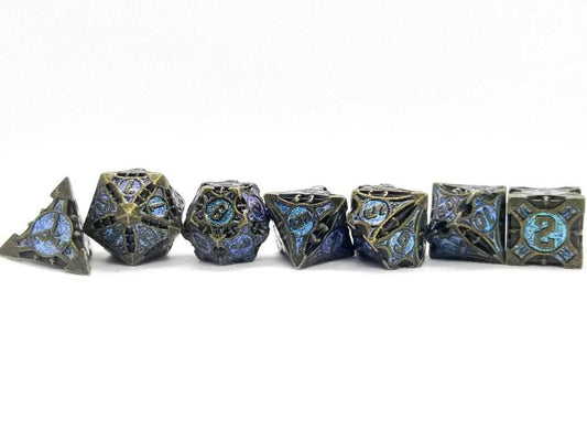 Dark Silver w/purple-blue Glitter Barbed Strengthened Metal 7-Dice Set | Metal DND Dice - 