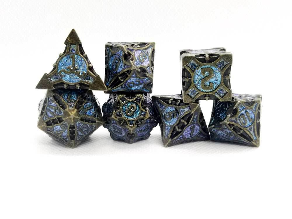 Dark Silver w/purple-blue Glitter Barbed Strengthened Metal 7-Dice Set | Metal DND Dice - 