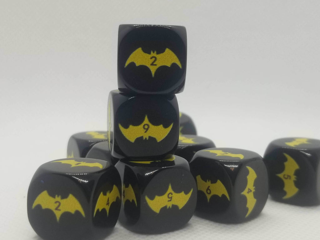 Yellow Bat Black Dice 6 Sided 16mm (Custom Printed) - 