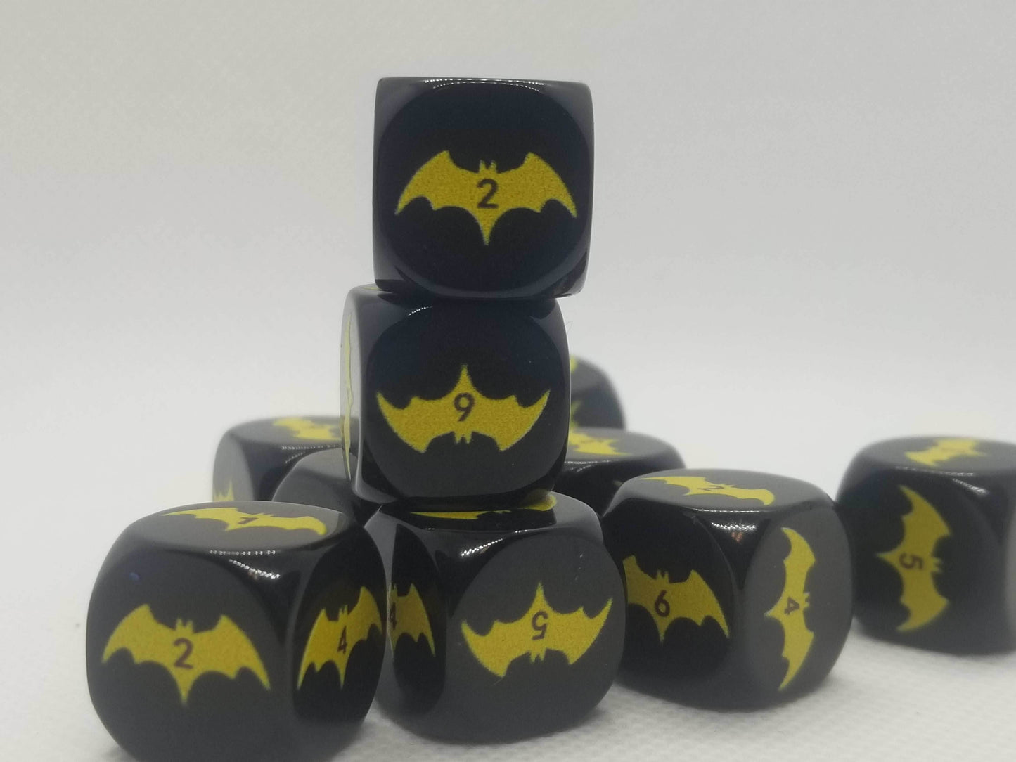 Yellow Bat Black Dice 6 Sided 16mm (Custom Printed) - 